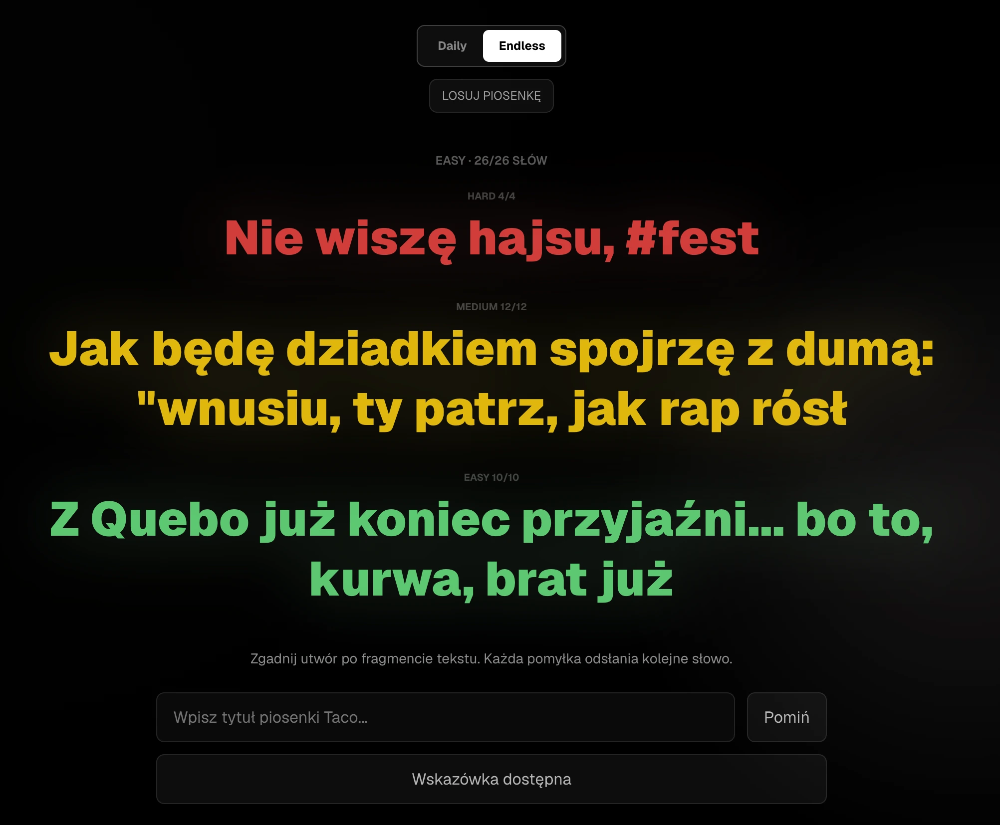 Ekran z odsłanianiem kolejnych słów